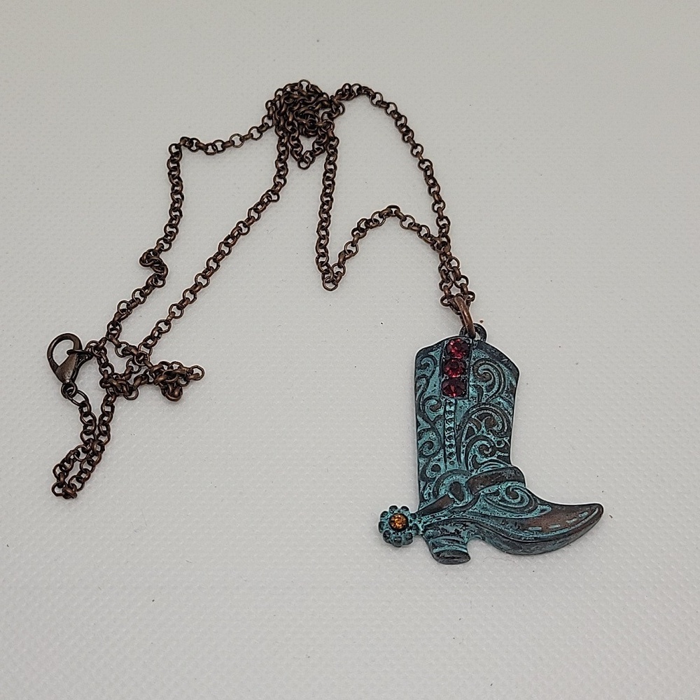 Copper Tone Distresses Turquoise Cowboy 1.5" Boot 21" Necklace